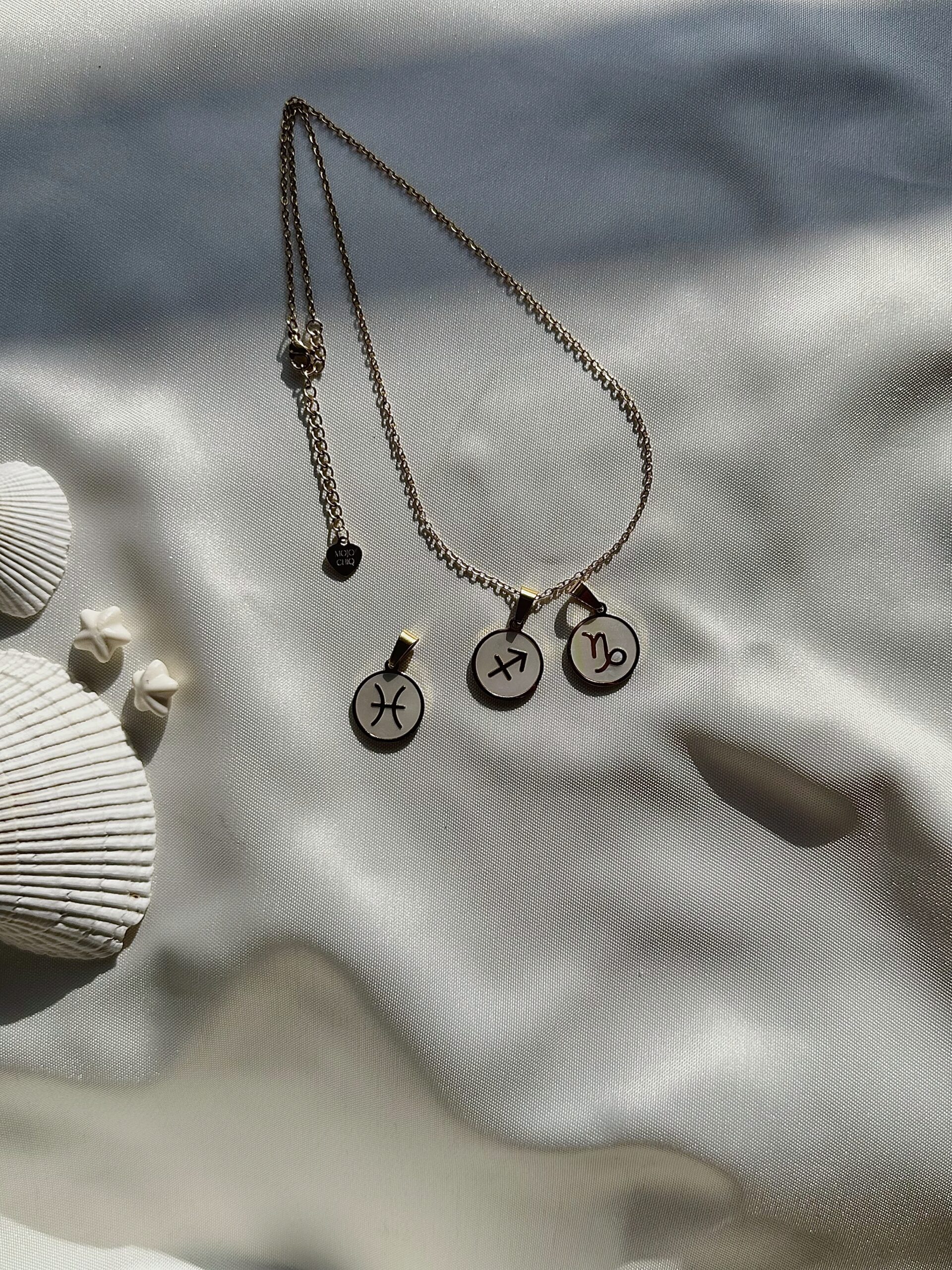 Close-up of the Lulu Zodiac Necklace featuring an 18K gold-plated stainless steel chain with a zodiac sign pendant, displayed on a neutral background.